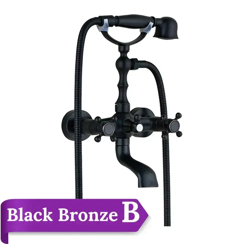 Black bronze antique brass and white ceramic bathtub shower faucet set with classic two handles and handheld spray