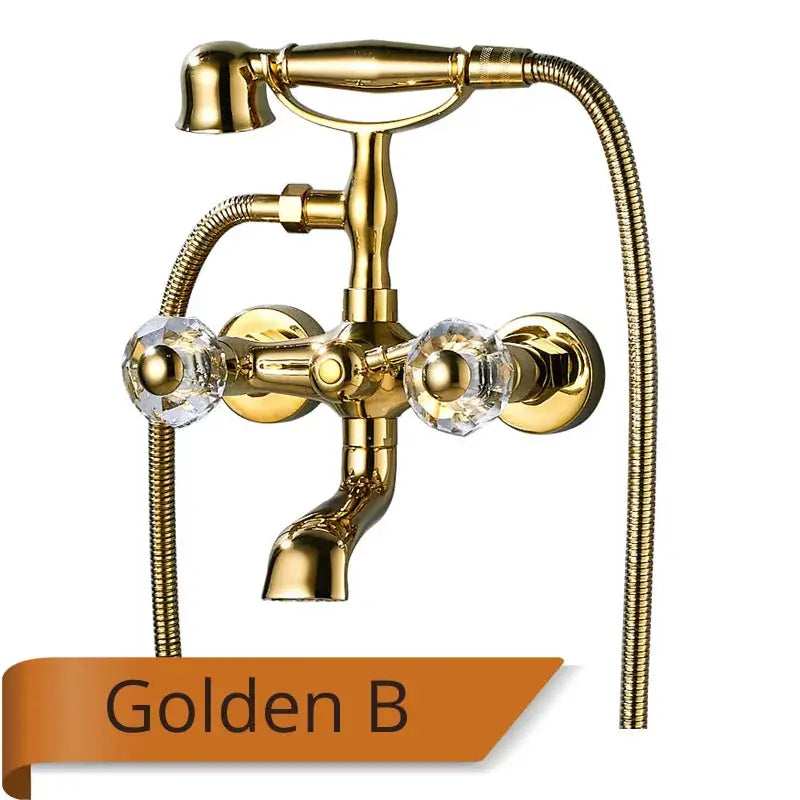 Antique brass and white ceramic bathtub shower faucet set with golden brass-finished wall-mounted faucet and clear knob handles