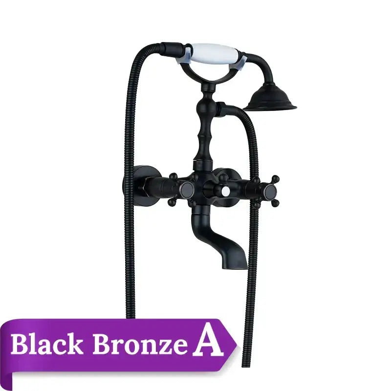 Black bronze bathtub shower faucet set with white ceramic handle and black flexible hoses for bathroom use