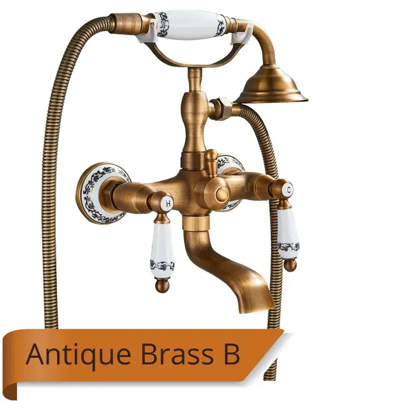Antique brass and white ceramic bathtub shower faucet set with decorative black floral patterns and ceramic handles