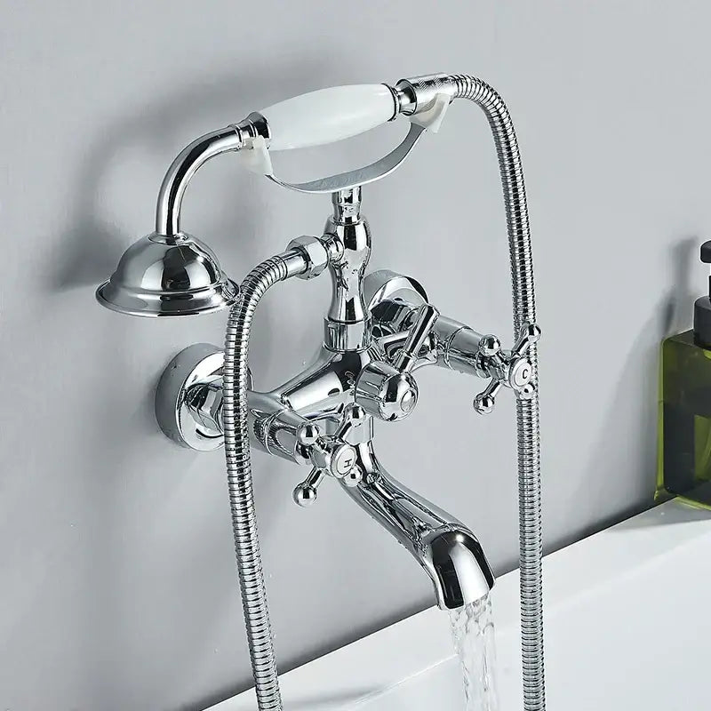 Chrome finished bathtub shower faucet set with white ceramic handle and two flexible shower hoses for bathroom use