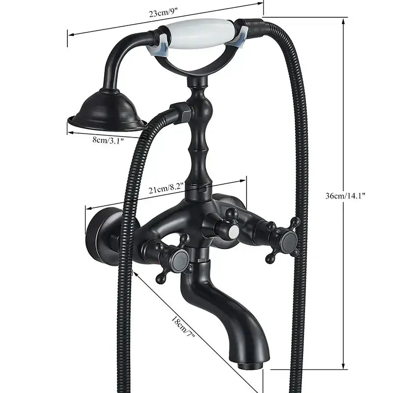 Black matte vintage-style bathtub shower faucet set with white ceramic handle and flexible shower hose for bathroom use