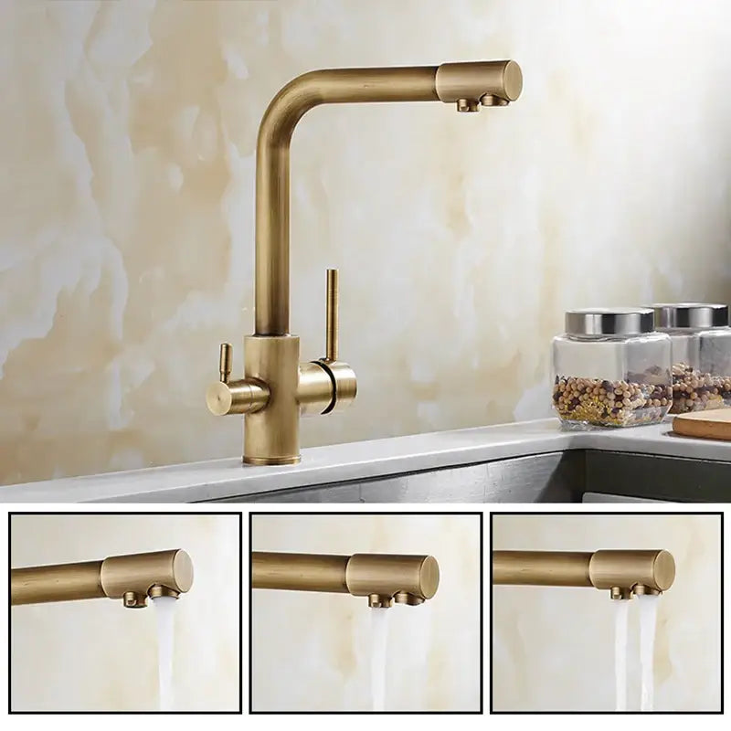 Antique brass and white ceramic kitchen faucet with brass finish curved spout and dual handles for hot and cold water control