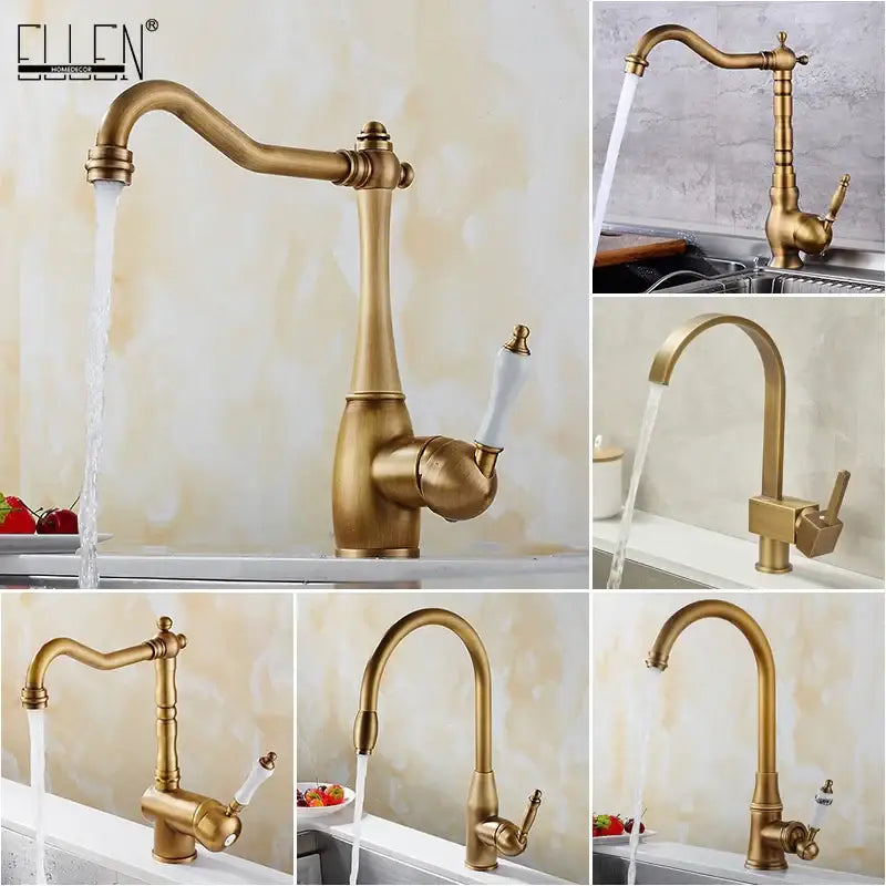 Antique brass and white ceramic kitchen faucet swivel mixer with vintage-inspired design and ornate ceramic handle