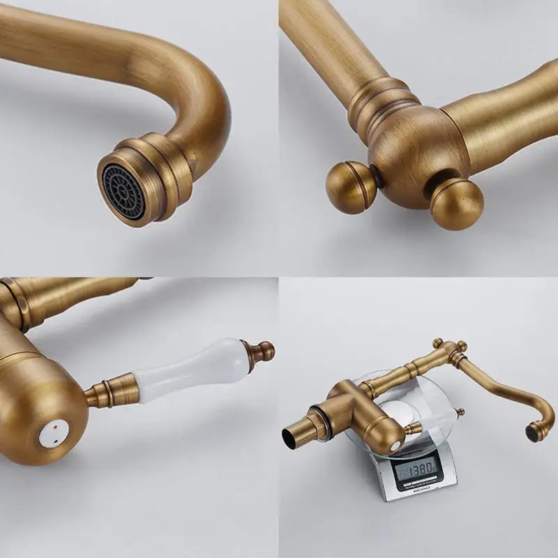 Antique brass and white ceramic kitchen faucet swivel mixer with vintage design and ornate detailing