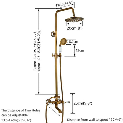 Antique brass and white ceramic shower faucet set with brass finish, 20cm rainhead, handheld spray, and adjustable height