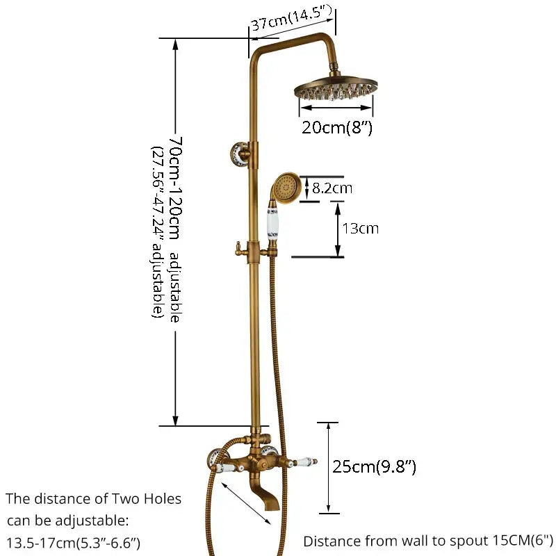 Antique brass and white ceramic shower faucet set with brass finish, 20cm rainhead, handheld spray, and adjustable height