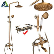 Antique brass and white ceramic shower faucet set with fixed rainhead handheld spray and wall-mounted faucet assembly