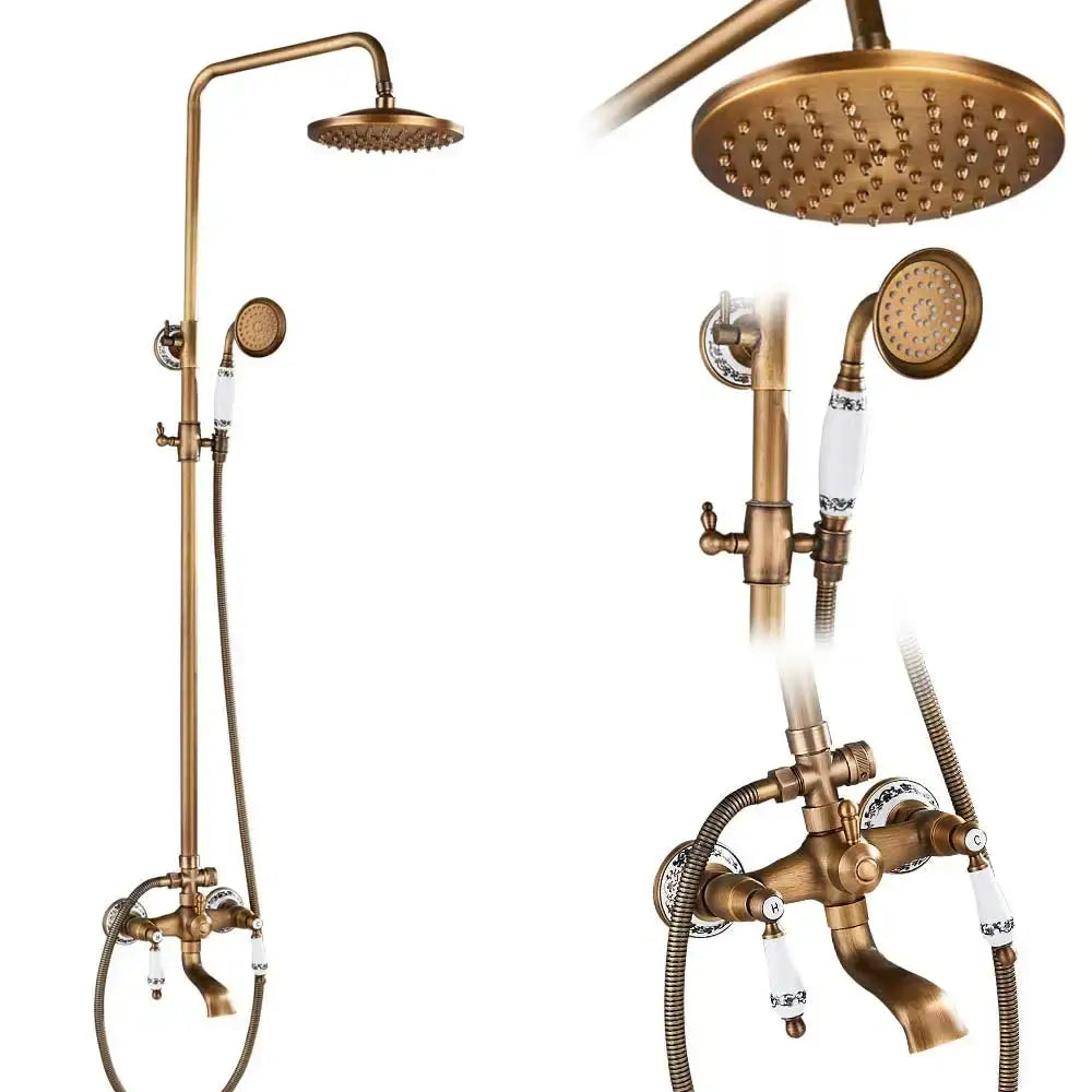 Antique brass and white ceramic shower faucet set with round rainhead handheld spray nozzle and blue floral ceramic knobs