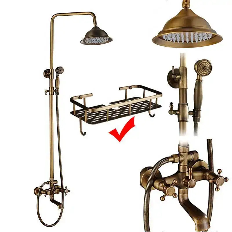 Antique brass and white ceramic shower faucet set with tall handheld showerhead and matching wire rack shelf bathroom system