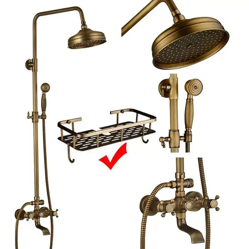 Antique brass and white ceramic shower faucet set with brass-finished shower caddy featuring black perforated metal grid and hooks
