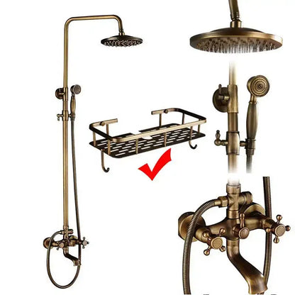 Antique brass and white ceramic shower faucet set with brass-finished rainhead handheld spray and wall-mounted faucet assembly