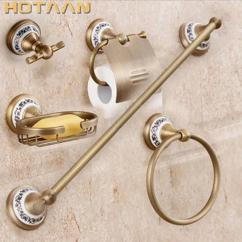 Antique brass bathroom accessories set with white floral ceramic accents decorbites brass bathroom hardware
