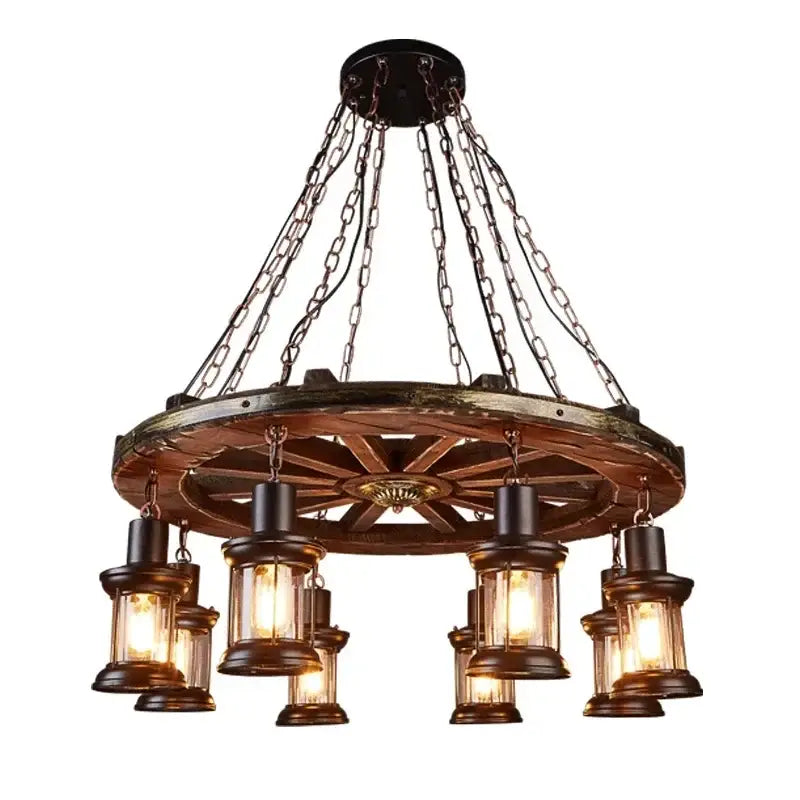 Rustic wooden wagon wheel chandelier with dark bronze chains and lantern bulbs iron wheel led pendant lights decorbites