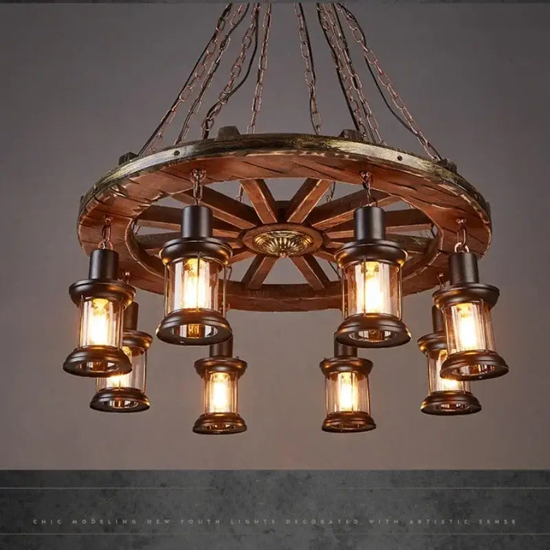 Rustic wooden wagon wheel chandelier with multiple lantern-style iron wheel led pendant lights in dark bronze finish