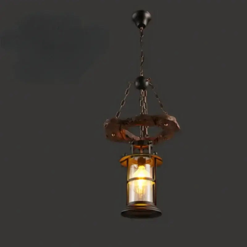 Rustic industrial pendant lights with natural wood ring amber glass panels and metal chains from decorbites iron wheel led