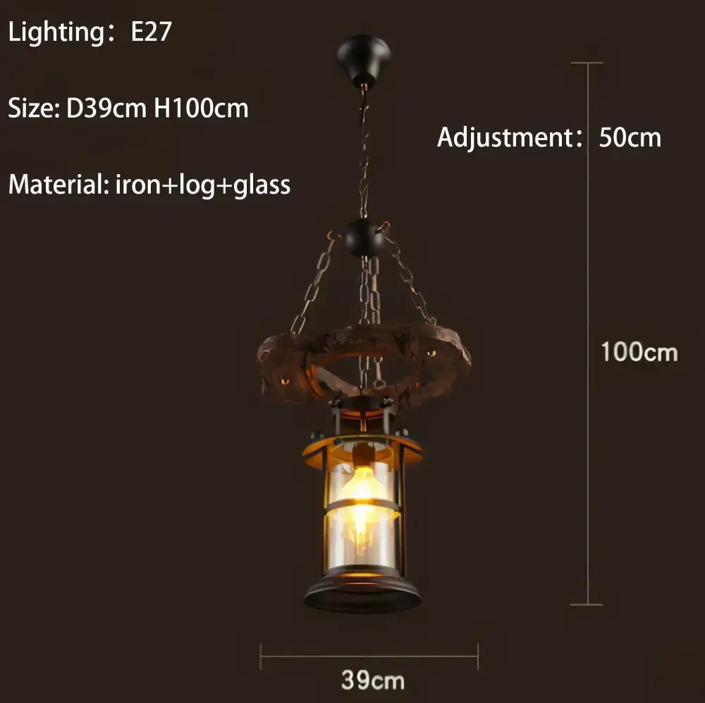 Rustic industrial pendant lights with dark iron frame wooden log ring and clear glass panels from decorbites iron wheel led collection