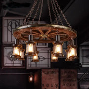 Antique brass and wood iron wheel led pendant lights with multiple lanterns for dining room decorbites iron wheel design