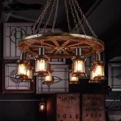 Antique brass and wood iron wheel led pendant lights with multiple lanterns for dining room decorbites iron wheel design