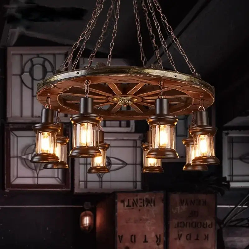 Antique brass and wood iron wheel led pendant lights with multiple lanterns for dining room decorbites iron wheel design