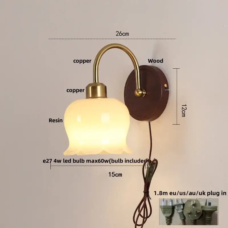 Antique brass and wood led wall light bedroom sconce with warm resin glass shade and copper-finished metal arms decorbites led wall