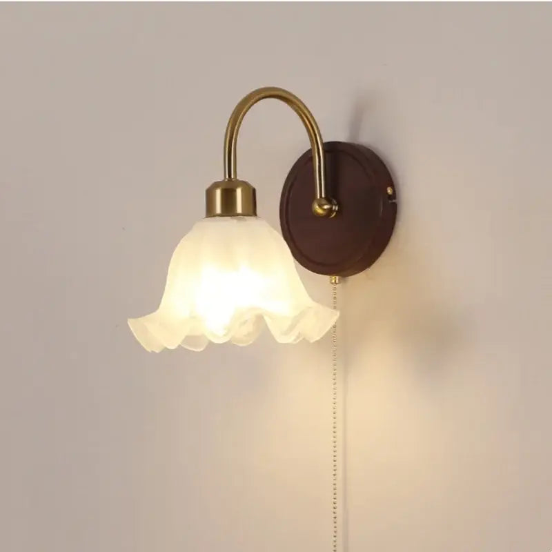 Antique brass and wood led wall light with frosted glass bell-shaped shade for bedroom decorbites led wall sconce
