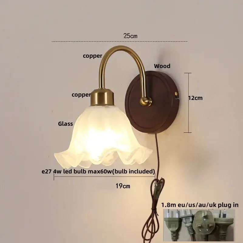 Antique brass and wood led wall light with frosted glass bell-shaped shade for elegant bedroom decorbites led wall sconce