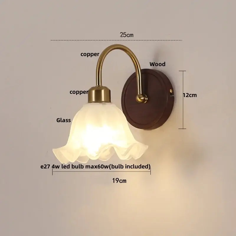 Antique brass and wood led wall light with copper and wood sconce and frosted glass lampshade for bedroom decorbites led wall