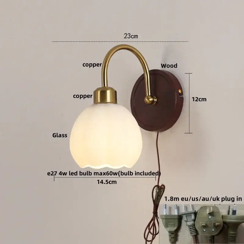 Copper-finished antique brass and wood led wall light with frosted glass globe by decorbites for bedroom sconce decor