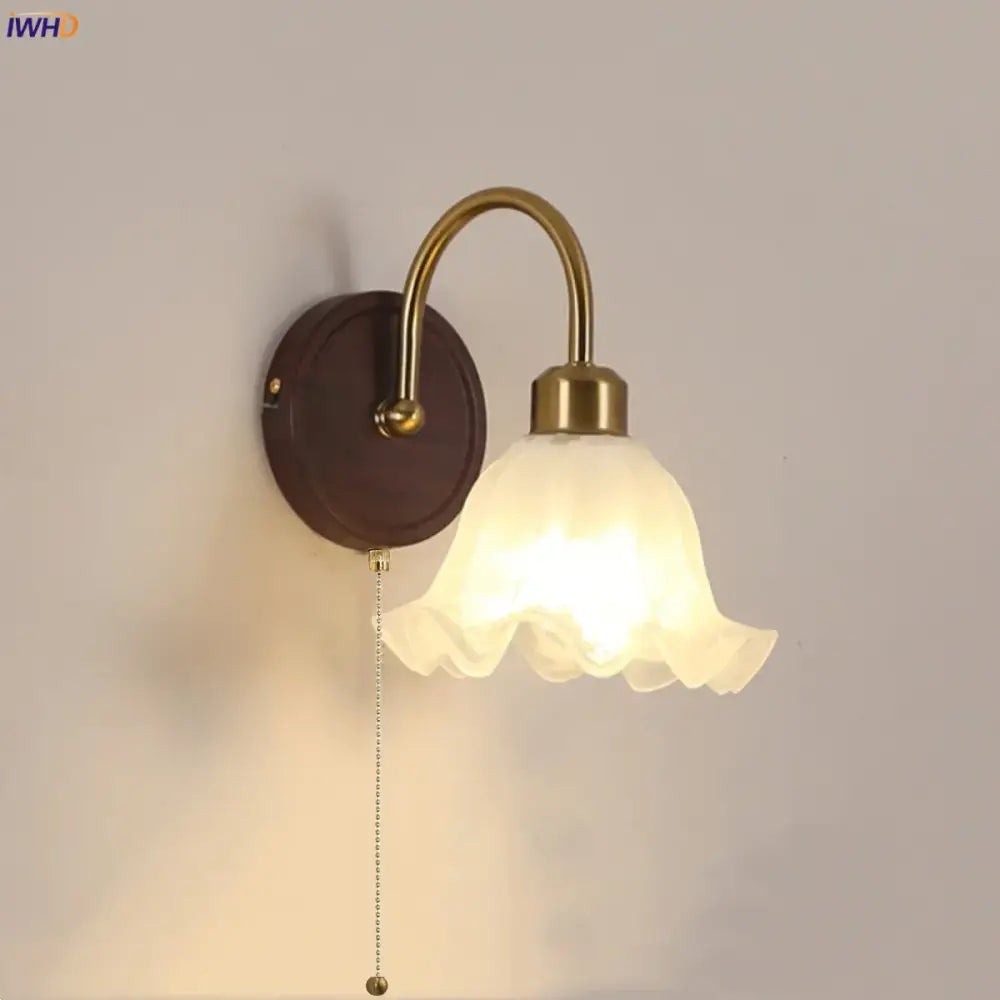 Antique brass and wood led wall light with frosted glass bell-shaped shade for bedroom decorbites led wall sconce