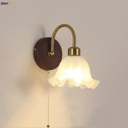 Antique brass and wood led wall light with frosted glass bell-shaped shade for bedroom decorbites led wall sconce
