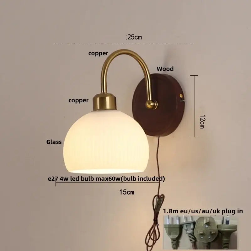 Copper-finished wall light with frosted glass globe and wooden backplate for decorbites led wall light bedroom sconce