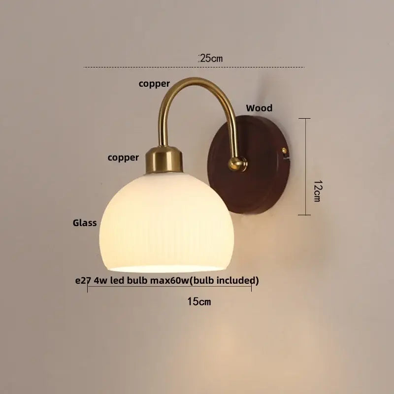 Antique brass and wood led wall light with frosted glass shade and copper arm for bedroom decorbites led wall sconce