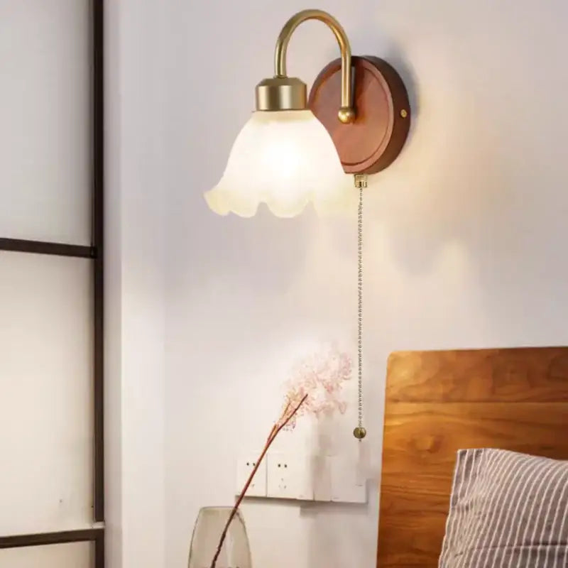 Antique brass and wood led wall light with frosted glass bell-shaped shade for bedroom decorbites led wall sconce