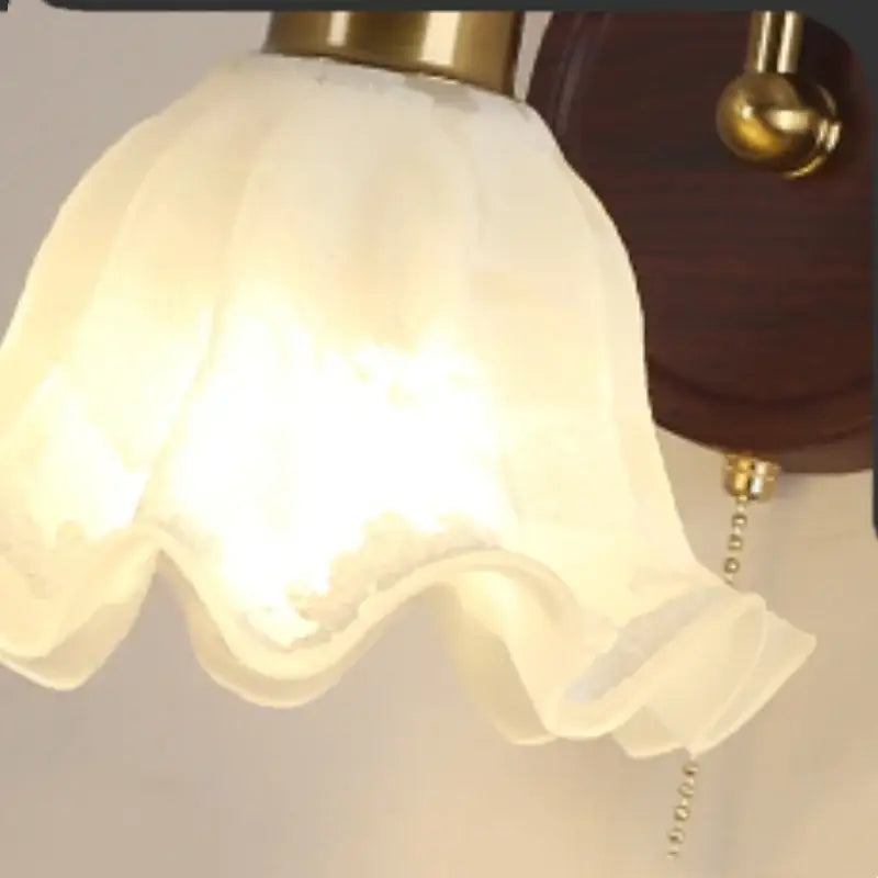 Antique brass and wood led wall light with warm white glass ruffled shade for bedroom decorbites led wall light