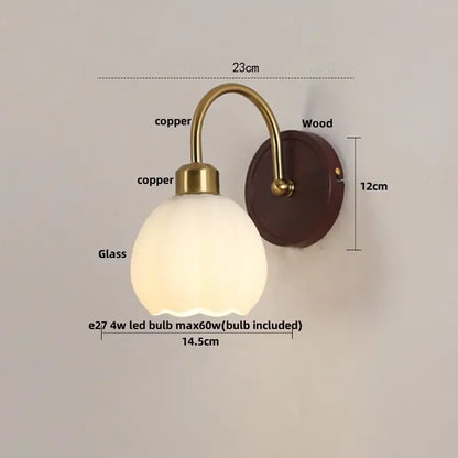 Copper-finished led wall light with frosted glass globe and wooden backplate for bedroom decorbites led wall light