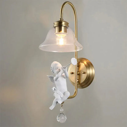 Antique brass angel glass sconce light with white figurine holding trumpet and clear glass for bedroom wall lamp