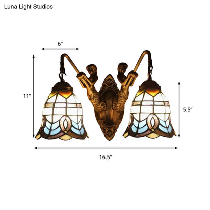 Aplique de pared barroco antiguo de latón con pantalla de campana y lámpara de pared de vitral con forma de sirena - Decoración elegante para recibidor