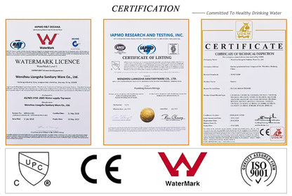Three official certification documents for wenzhou liangsha sanitary ware co ltd antique brass basin faucet are shown