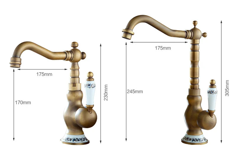 Antique brass basin faucet with curved spout and decorative ceramic handle featuring blue floral patterns