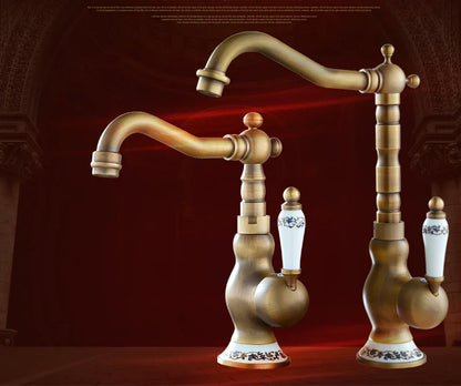 Antique brass basin faucet with ornate ceramic handles and decorative base for elegant kitchen use