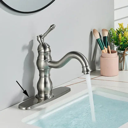 Stylish brushed nickel basin faucet with single handle curved spout and decorative base for bathroom use decorbites brass basin