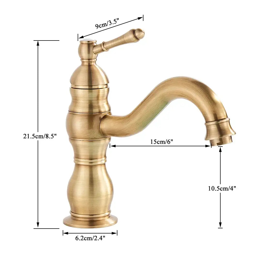 Antique brass basin faucet with single handle curved swivel spout and decorative segmented body for bathroom use