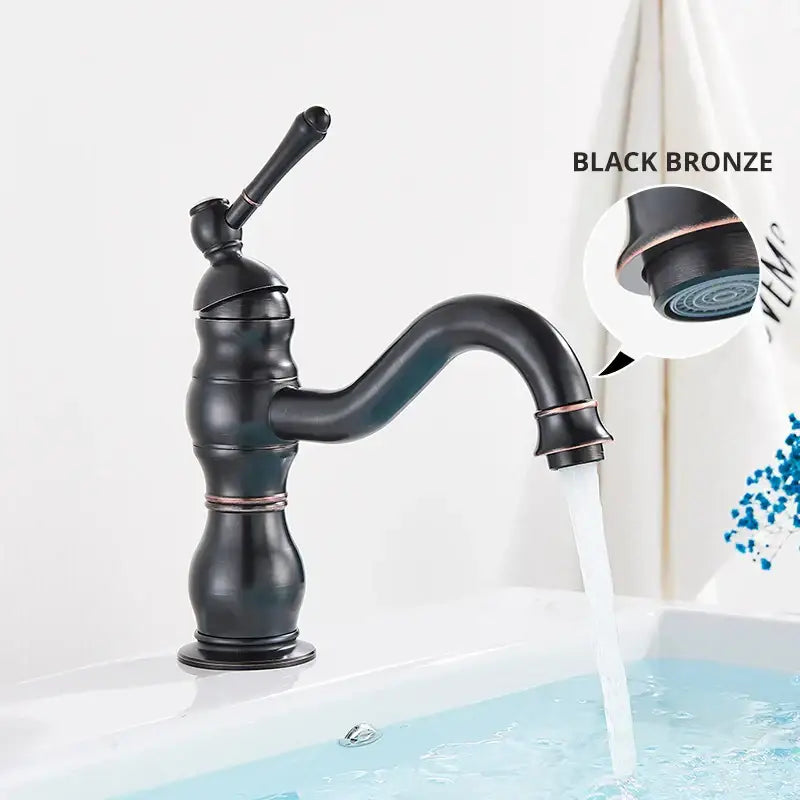 Black bronze brass basin faucet with curved swivel spout and decorative ridged base for bathroom decorbites basin faucet
