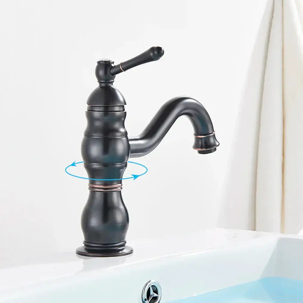 Antique brass basin faucet with swivel spout single handle bronze finish and decorative ridged body for bathroom use