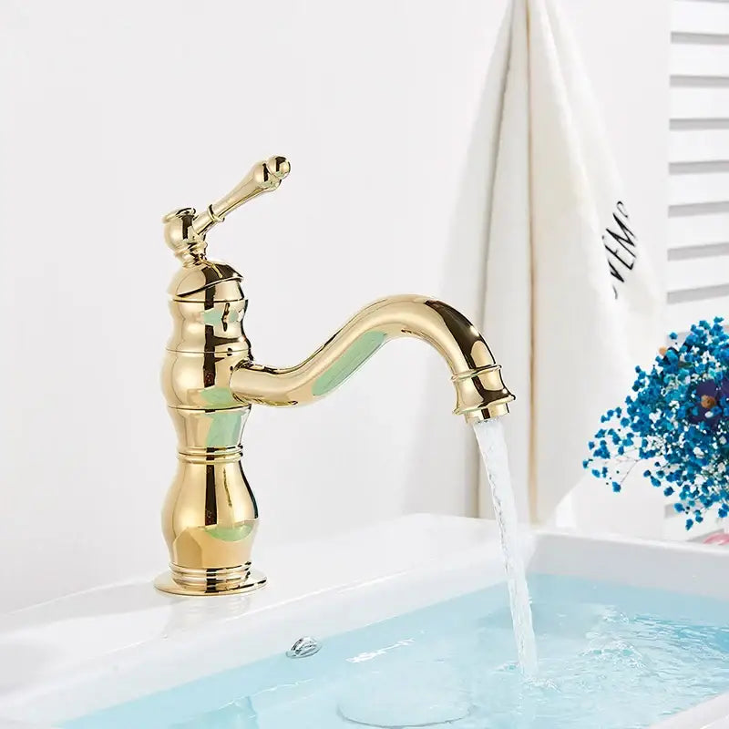 Antique brass basin faucet with a vintage-style curved spout and ornate handle for bathroom decorbites brass basin use