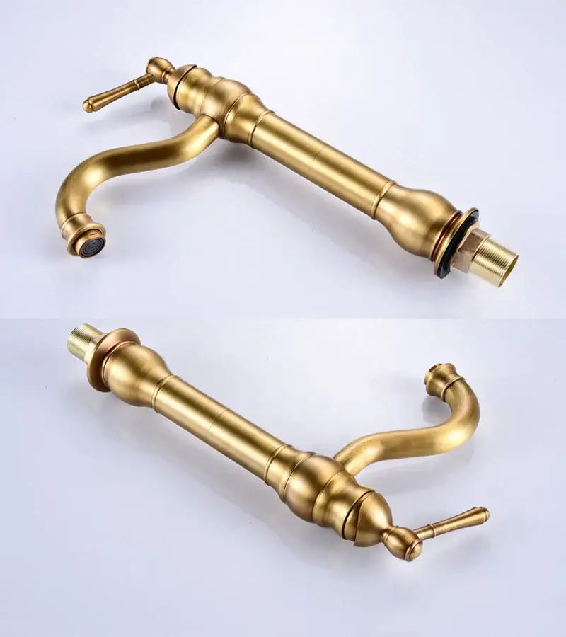 Antique brass basin faucet with curved spout and single handle in a vintage decorbites brass basin faucet design