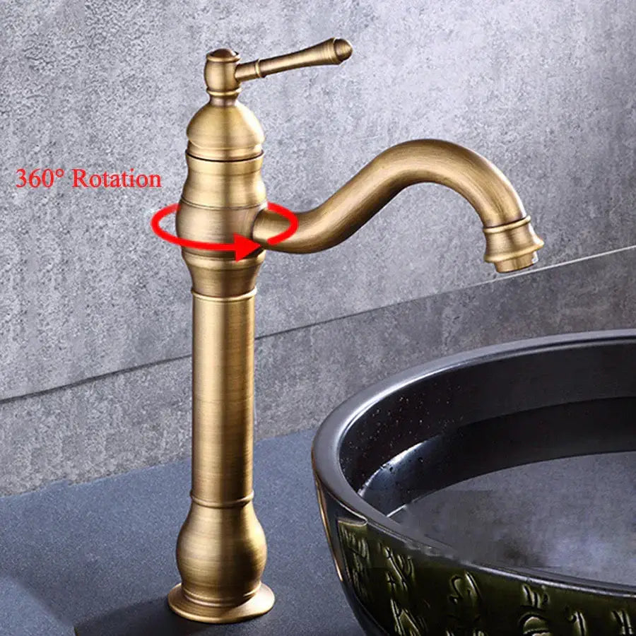 Antique brass basin faucet with single handle curved spout and 360-degree rotating base for bathroom use