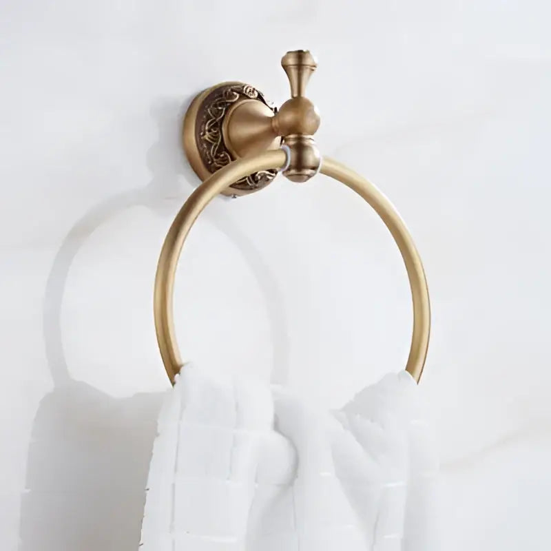 Antique brass bath hardware towel ring with ornate wall mount and circular hoop for vintage bathroom decorbites brass antique style