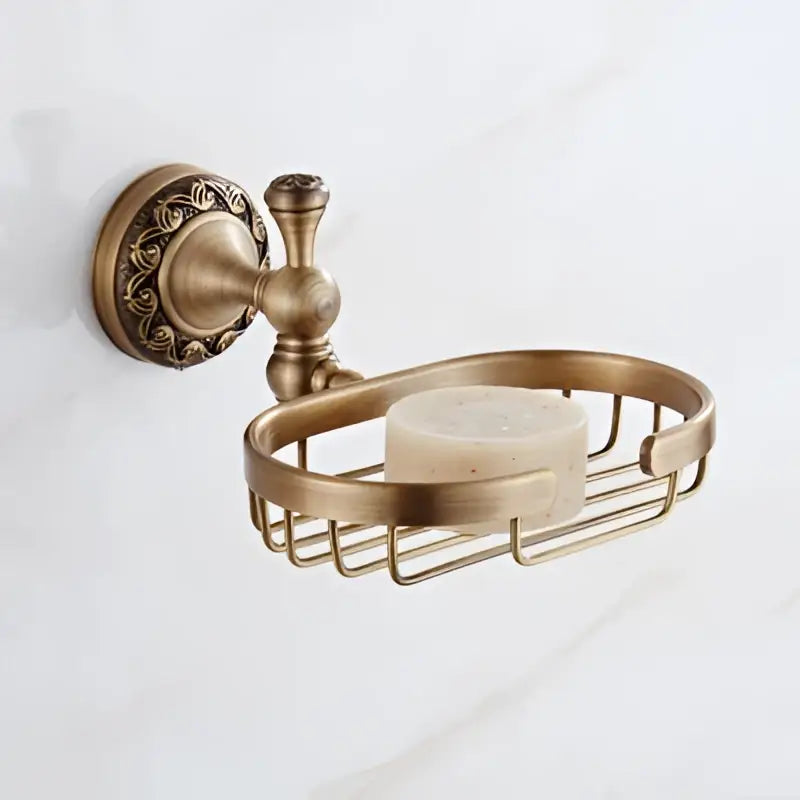 Antique brass bath hardware wall-mounted soap dish with ornate scrollwork and wire mesh basket design by decorbites brass antique